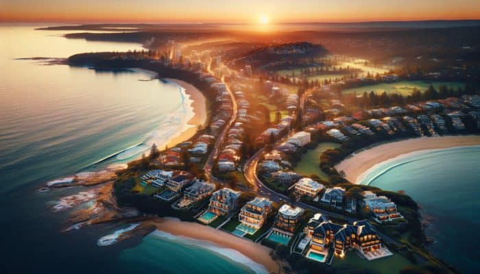 Avoid First-Time Buyer Mistakes in Hermanus: Aerial view of Hermanus coastline at sunset, luxury homes with ocean views, vibrant beachfront, lush landscapes.