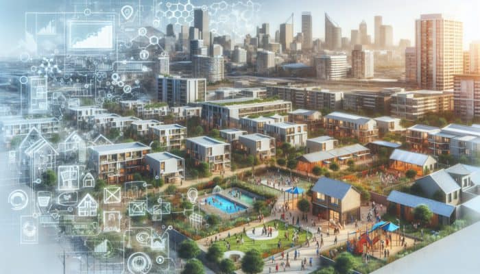 Mid-Level Housing Investment Opportunities in Johannesburg: A modern, sustainable mid-level housing complex in Johannesburg, bustling with young professionals and families, surrounded by vibrant social amenities and lush greenery.