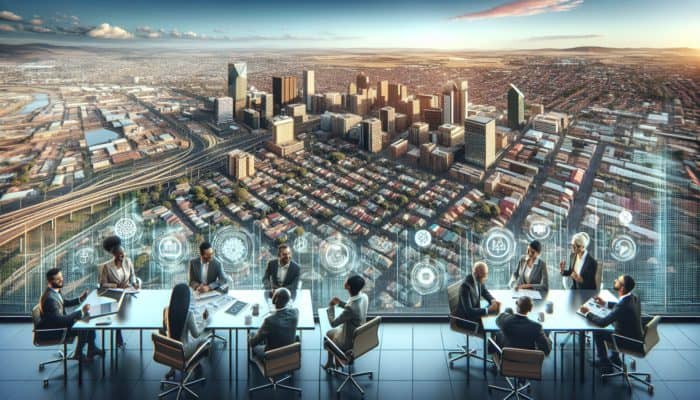 Aerial view of Johannesburg's skyline with mid-level housing and experts discussing investments.