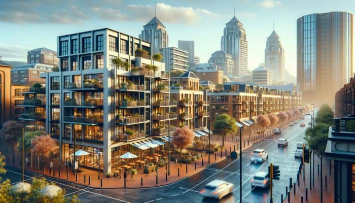 Johannesburg street with modern, renovated mid-level housing units, vibrant short-term rentals, and professional management.