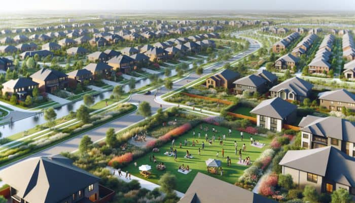 Aerial view of Phalaborwa's family neighborhoods with homes, gardens, and parks where families enjoy outdoor activities.