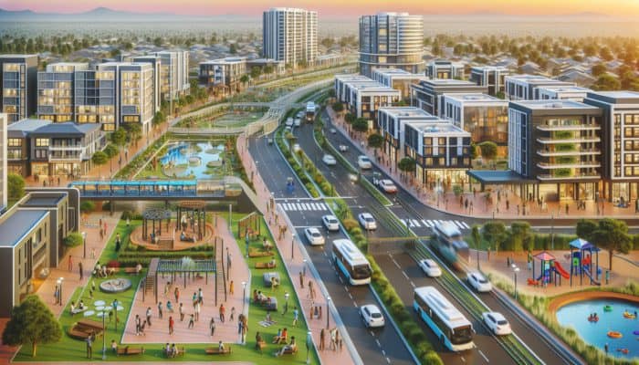 A vibrant Phalaborwa neighborhood with modern infrastructure, parks, shopping centers, and healthcare facilities enhancing community life.