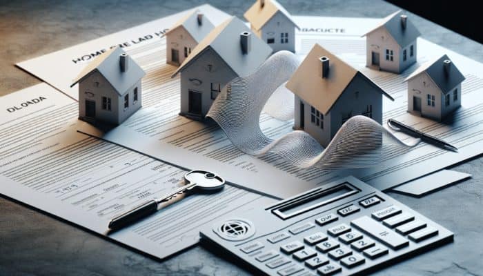 Secure Entry-Level Home Loan in Potchefstroom: Diverse home loan documents on a table, labeled as Fixed-Rate, Variable-Rate, Government-Backed, and Conventional Loans, with a model house and keys.