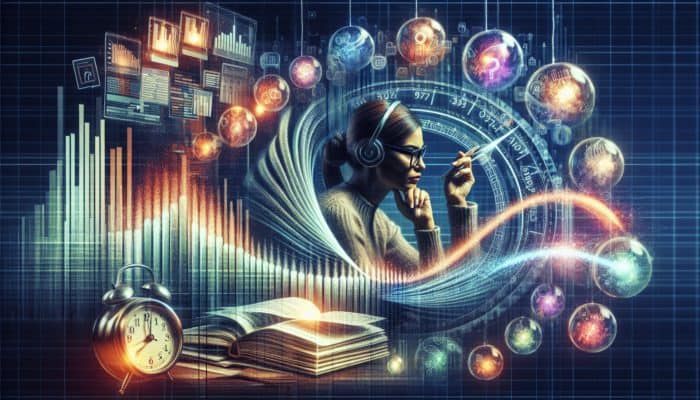 Person analyzing graph of interest rates, surrounded by economic indicators, credit score chart, home loan documents, and strategic timing calendar.