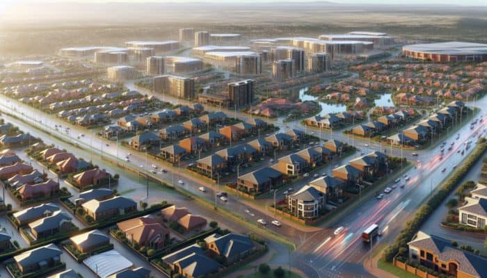 Negotiate Top Deals on Entry-Level Homes in Centurion: Aerial view of Centurion neighborhoods, showing homes near Centurion Mall and transport routes, illustrating property value factors.