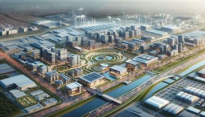 How to Upgrade from Entry Level to Mid Level Property in Secunda: A bustling Secunda property market with modern buildings near essential amenities and industrial hubs, enhancing property values.