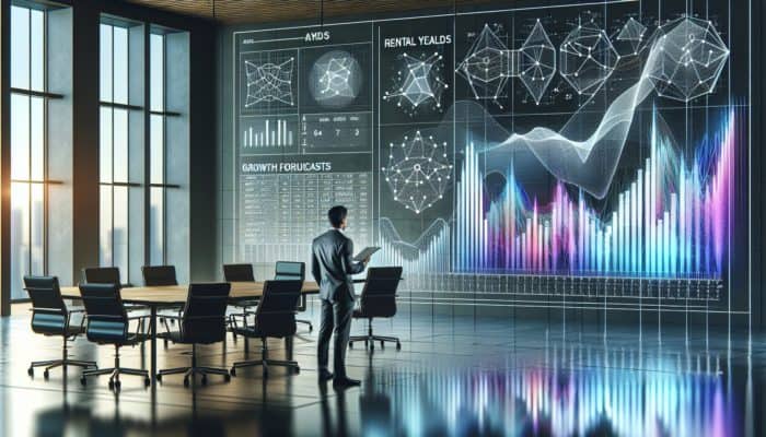 Investor analyzing property data on a large screen in a modern office, focusing on Secunda's rental yields and growth forecasts.