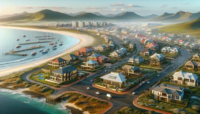 Avoid First-Time Buyer Mistakes in Mossel Bay: A vibrant Mossel Bay coastal scene with modern homes and bustling amenities, reflecting factors influencing property prices.