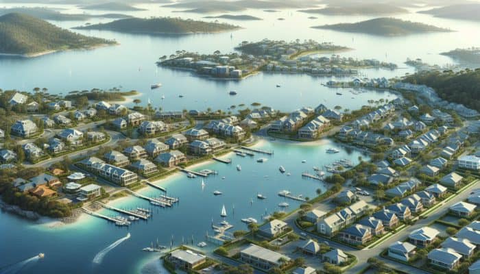 Common Mistakes to Avoid When Buying Mid-Level Property in Knysna: Knysna property market scene with premium homes near lagoon and Thesen Island, surrounded by amenities.