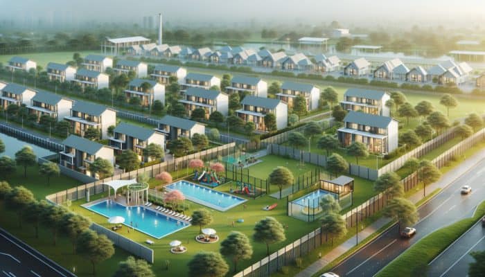 Affordable Gated Communities for First-Time Buyers in Brits: A serene, affordable gated community with modern homes, lush greenery, pools, and playgrounds, secured by fencing.