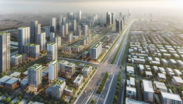 Aerial view of Thohoyandou's urban growth with modern homes, apartments, new roads, and improved public transport.