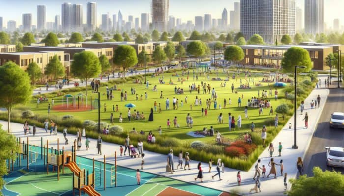 Best Family-Friendly Mid-Level Neighborhoods in Soweto: A vibrant park with families, children playing near schools, community events, and accessible public transport.