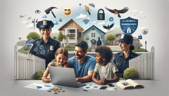 Family reviewing crime stats on laptop, talking to police officer in safe, well-lit neighborhood with active watch signs.