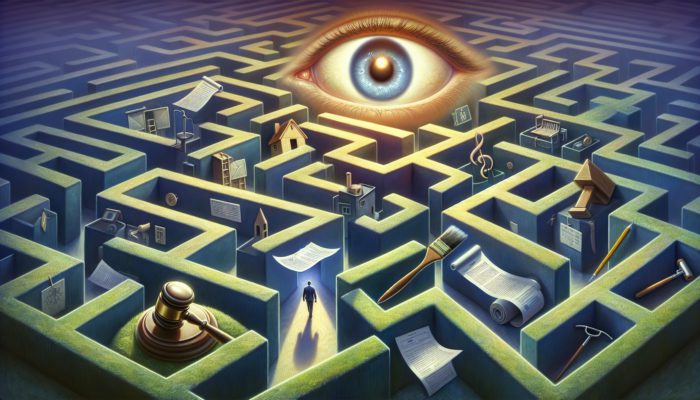 A buyer navigating a maze of hidden costs in the Plettenberg Bay property market, with signs for transfer duties, legal fees, and renovations.