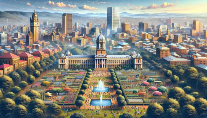 A vibrant Pietermaritzburg cityscape with university, gardens, landmarks, and diverse people enjoying parks and culture.