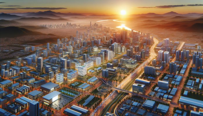 Aerial view of Pietermaritzburg at sunset, highlighting modern infrastructure and new residential developments.