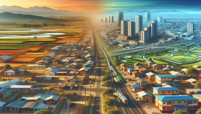 A vibrant Giyani townscape with affordable modern homes and new developments, showing growth against rural-urban landscapes.