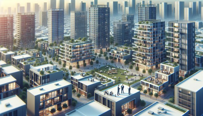 Aerial view of Mahikeng's mid-level property market with experts discussing trends around modern buildings and community spaces.