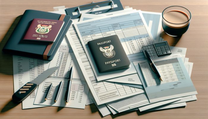 Documents on a desk: payslips, tax returns, bank statements, and passport for home loan pre-approval in Pretoria.
