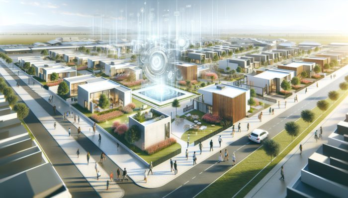 Aerial view of modern, affordable gated community in Springbok with first-time buyers exploring gardens and homes.