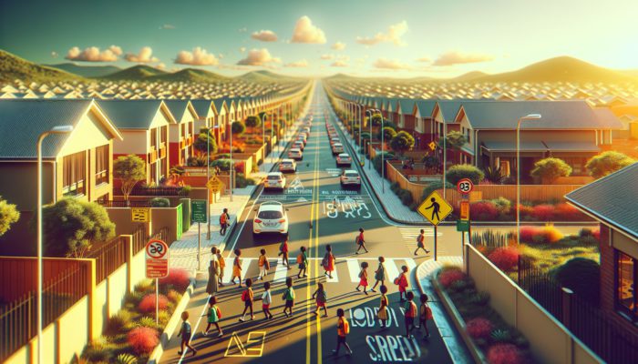 A vibrant school zone in Mthatha with safety features and children walking to school, enhancing community and property values.