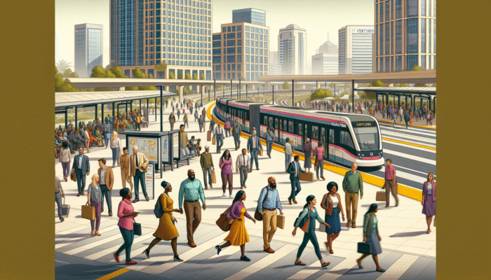 A bustling city scene in Centurion with residents accessing frequent and reliable public transit within a 1-kilometer radius.