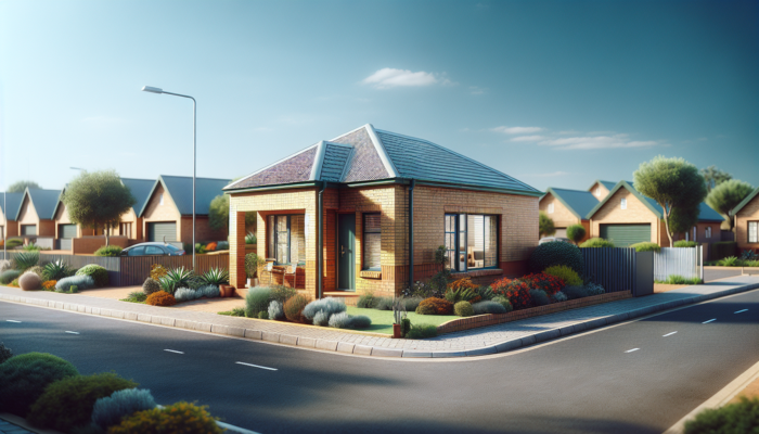 A modest brick house in Welkom, South Africa, with a small garden, surrounded by suburban streets on a sunny day.