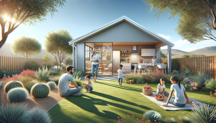 A young family relaxes in a sunny Witbank home with open-plan living, modern kitchen, and garden of native plants.