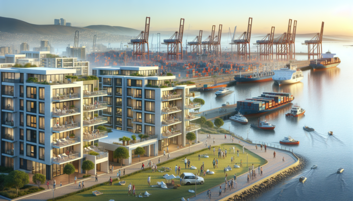 Modern mid-level buildings in Richards Bay overlook a bustling port with ships, cranes, workers, and families strolling under a sunny sky.