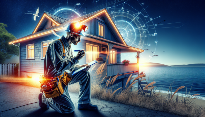 A professional inspector in Richards Bay checks cracked walls and rusty roofs on a mid-level home, using tools under bright sunlight.