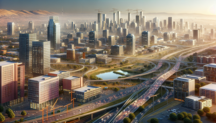 A vibrant aerial view of Midrand, featuring modern skyscrapers, bustling highways to Johannesburg and Pretoria, construction sites, green spaces, and dynamic economic activity.