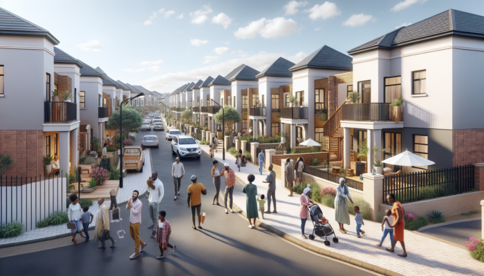A vibrant street in Klerksdorp, South Africa, with modern affordable homes, families viewing properties under a sunny sky.
