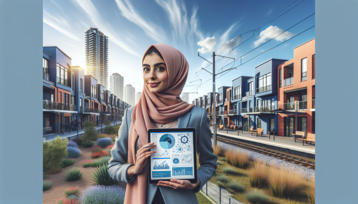 Expert discussing optimal entry-level properties near Klerksdorp transport, with modern homes and urban greenery under sunny sky.