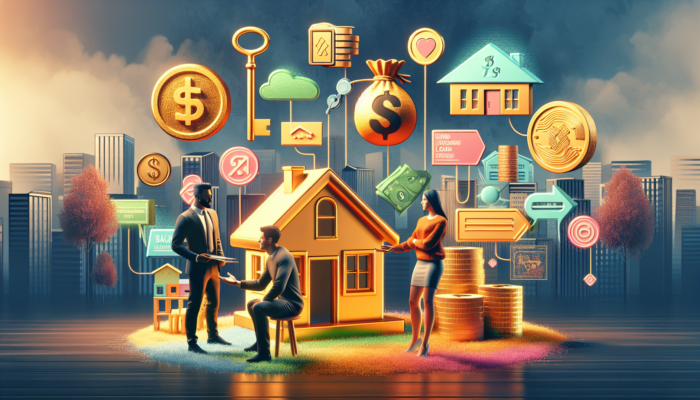 Diverse first-time buyer in Klerksdorp consulting financial advisor amid FLISP grants, bank loans, and model home symbols.