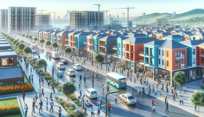 Vibrant street scene in Tembisa, South Africa: modern entry-level homes under construction near busy routes, with professionals and first-time buyers exploring.