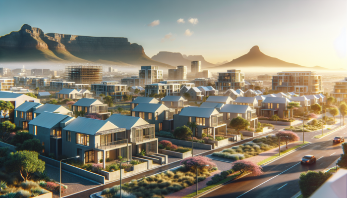A sunny Cape Town neighborhood with modern flats, starter homes, diverse architecture, lush greenery, and distant Table Mountain views.