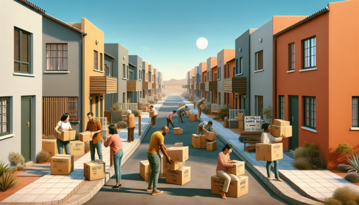 A sunny street in Aliwal North with modest compact homes and apartments in earthy tones, families unpacking boxes under a blue sky.