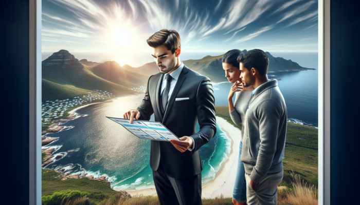 A real estate expert in a suit advises a couple on a cliff overlooking Plettenberg Bay's ocean, beaches, and mountains under a sunny sky.