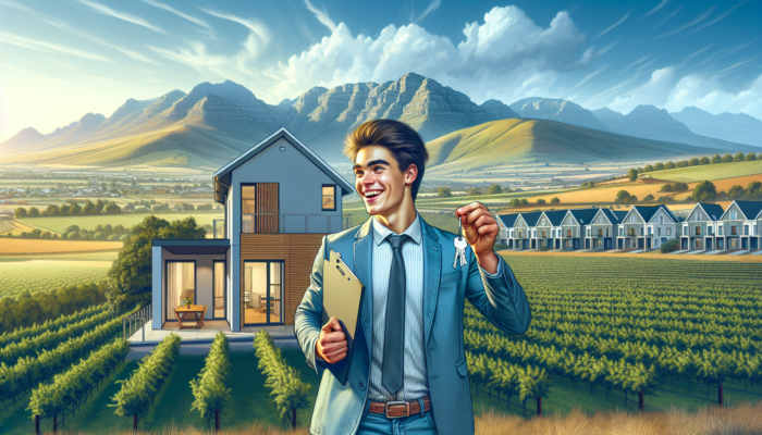 A young professional holds keys triumphantly outside a modern apartment in Paarl, with vineyards, mountains, and a clear blue sky behind.