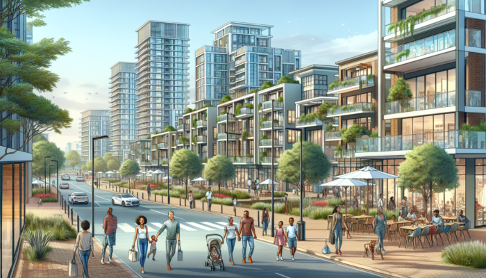 A vibrant street in Umhlanga Ridge with modern high-rises, green parks, cafes, shops, and strolling professionals and families.