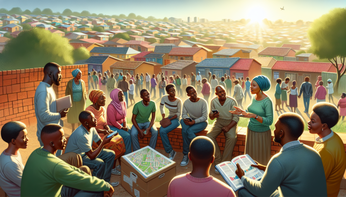 Diverse Soweto residents gather outdoors under a sunlit sky, discussing property values and safety using smartphones and maps amid colorful homes.