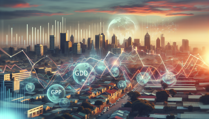 Bloemfontein cityscape at sunset with mid-level properties and skyscrapers, overlaid by holographic GDP graphs, inflation charts, and employment icons.