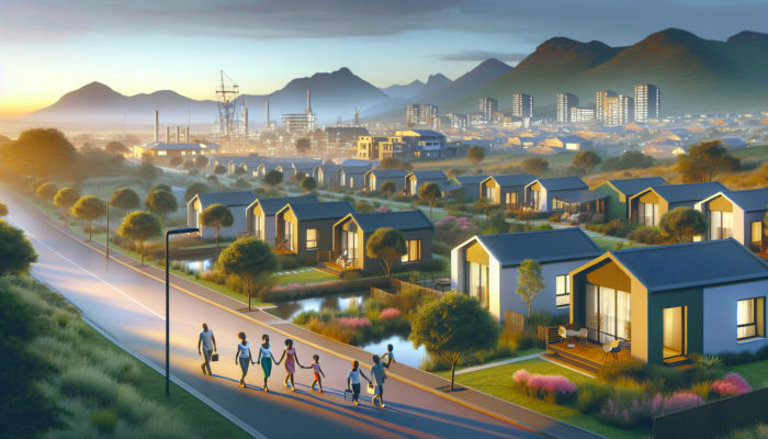 Phalaborwa neighborhood at dawn: affordable modern homes in lush greenery near Kruger Park, families heading to a bustling mining company.