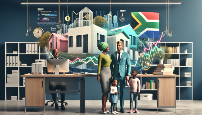 Diverse family in Klerksdorp reviews home loan documents with banker, surrounded by modern houses, interest rate graphs, and South African flag.