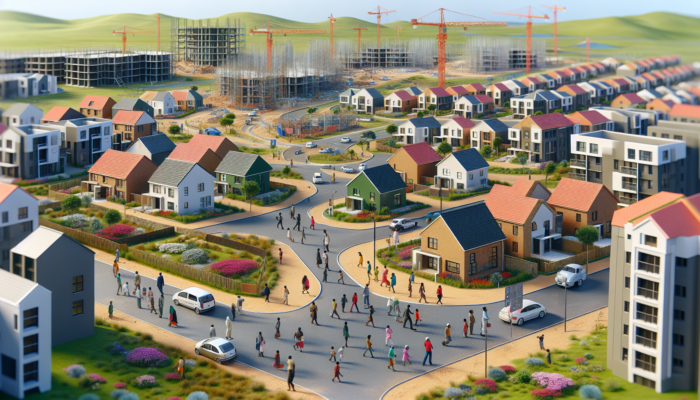 Vibrant Bloemfontein neighborhood with entry-level homes, families viewing properties, construction sites, new roads, and parks.