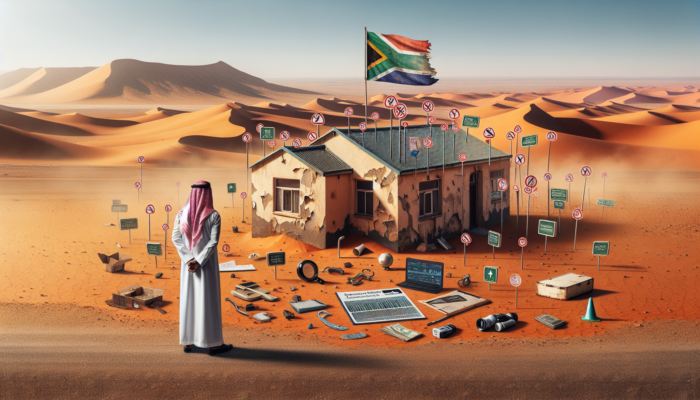 Young buyer in Springbok, South Africa, inspects weathered house with cracks and signs, ignoring market charts and tools on arid landscape.