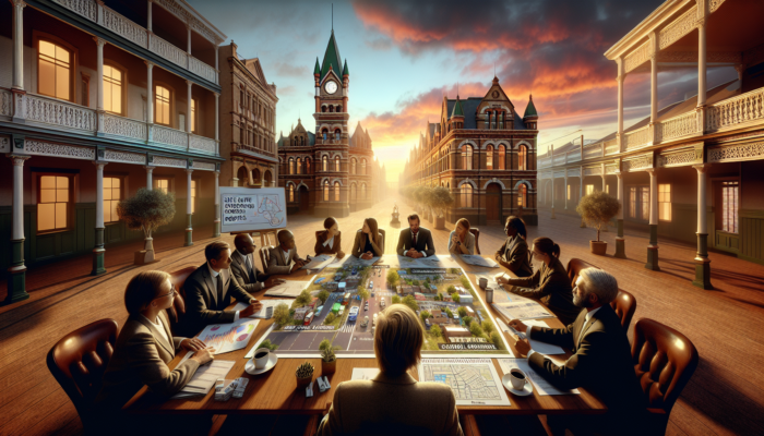 Experts in professional attire discuss school zone enhancements in Graaff-Reinet, surrounded by Victorian architecture and maps under a vibrant sunset.