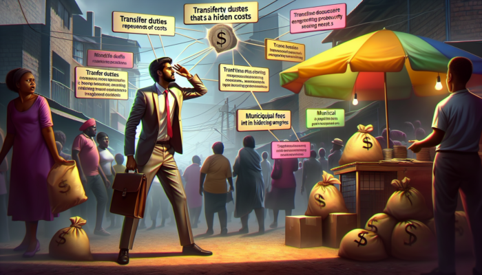 A stressed buyer in Soweto reviews property documents at a colorful market stall, surrounded by shadowy symbols of hidden costs like floating money bags.