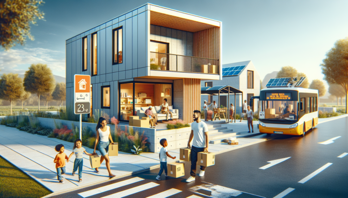 Modern affordable home in sunny Louis Trichardt with solar panels, energy-efficient features, and a young family unloading boxes near public transport.