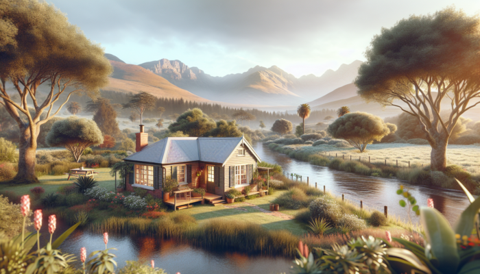 A quaint cottage in Paarl by the Berg River, surrounded by lush greenery, distant mountains, a small garden, and porch under a clear blue sky.